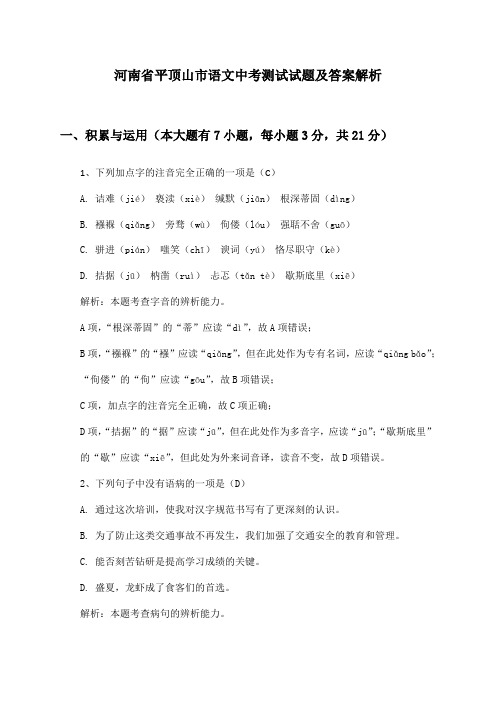 河南省平顶山市语文中考测试试题及答案解析