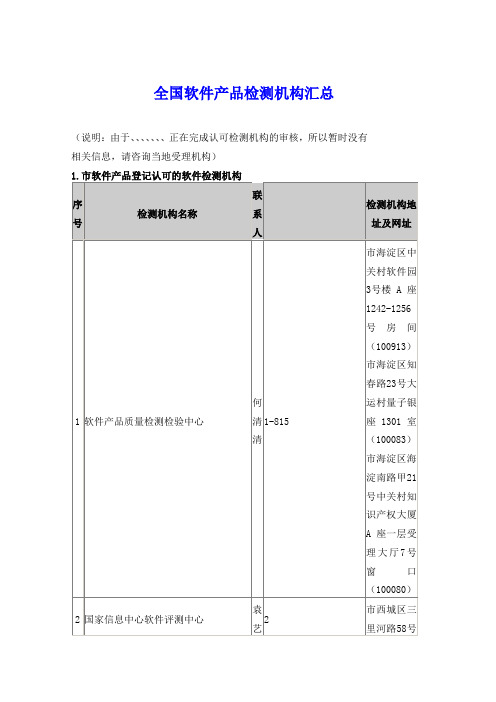 全国软件产品检测机构汇总情况