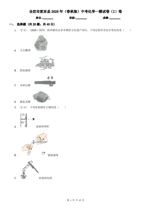 合肥市肥东县2020年(春秋版)中考化学一模试卷(I)卷