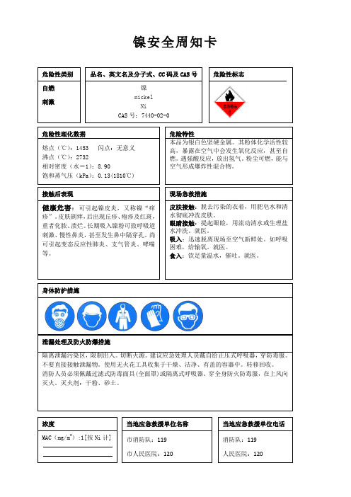 镍安全周知卡、职业危害告知卡、理化特性表