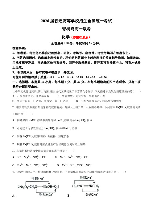 河南省青桐鸣大联考2023-2024学年高一上学期12月月考试题 化学含答案