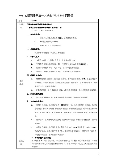 产品技术参数(心理测评系统—大学生 V9.0 BS网络版)