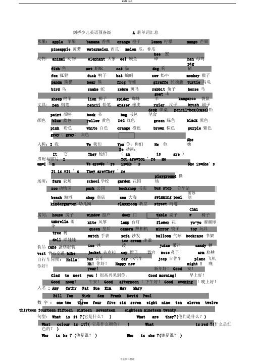 剑桥少儿英语预备级A、B单词汇总与重点内容