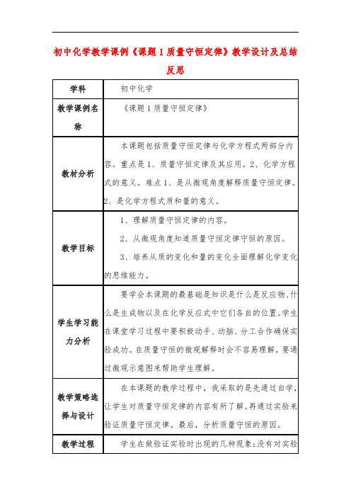 初中化学教学课例《课题1质量守恒定律》课程思政核心素养教学设计及总结反思