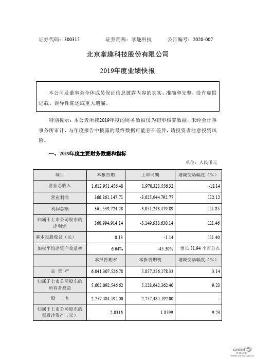 掌趣科技：2019年度业绩快报