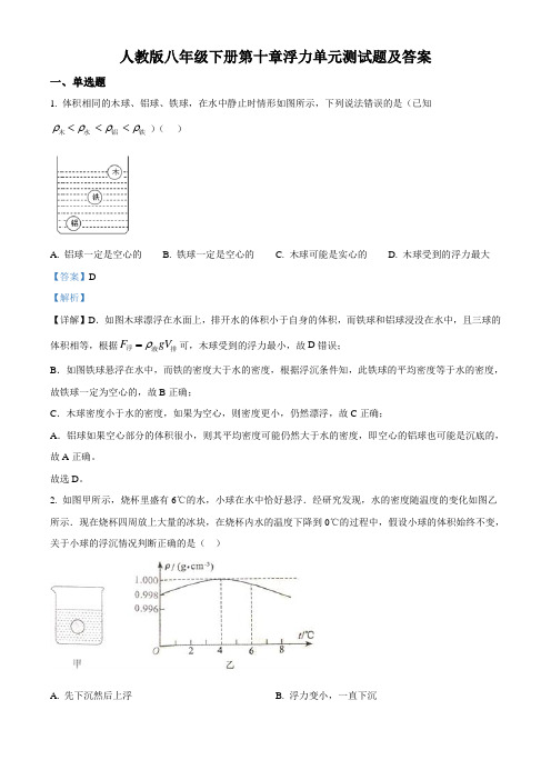 人教版物理八年级下册第十章浮力单元测试题(含答案及解析)