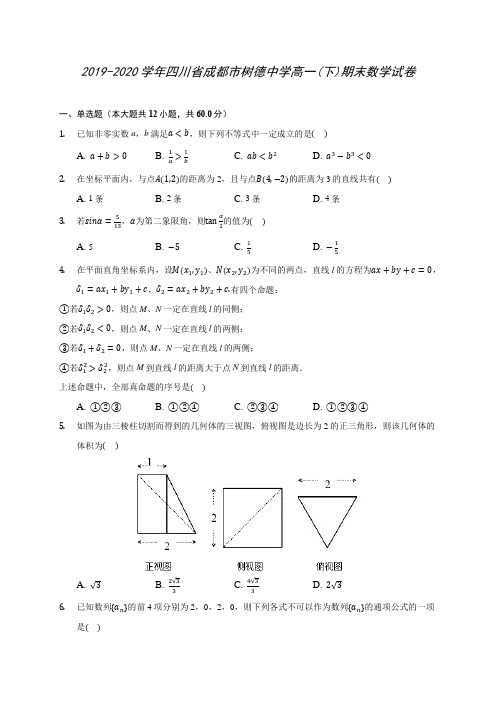 2019-2020学年四川省成都市树德中学高一(下)期末数学试卷(含答案解析)