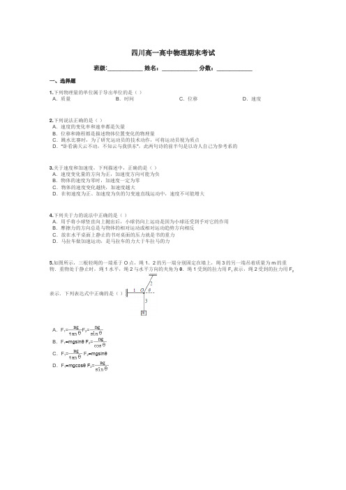 四川高一高中物理期末考试带答案解析
