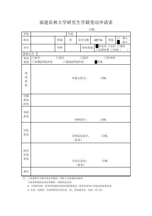 福建农林大学研究生学籍变动申请表