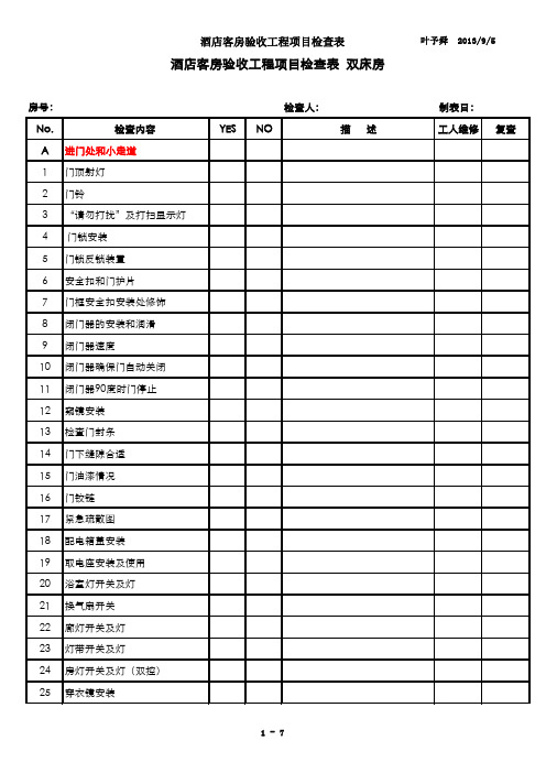 酒店管理验收  酒店客房验收工程项目检查表(叶予舜)