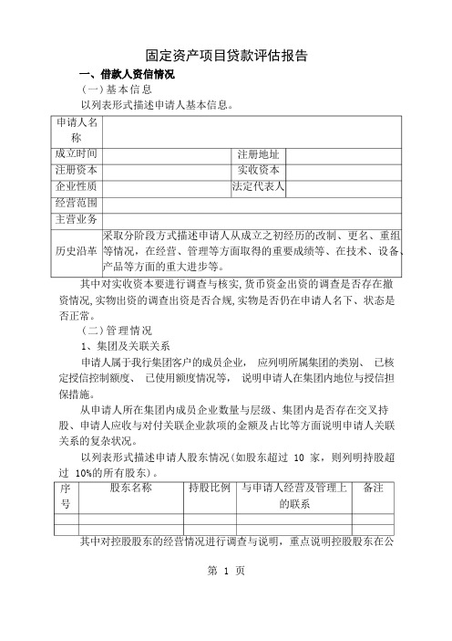 固定资产项目贷款评估报告模板