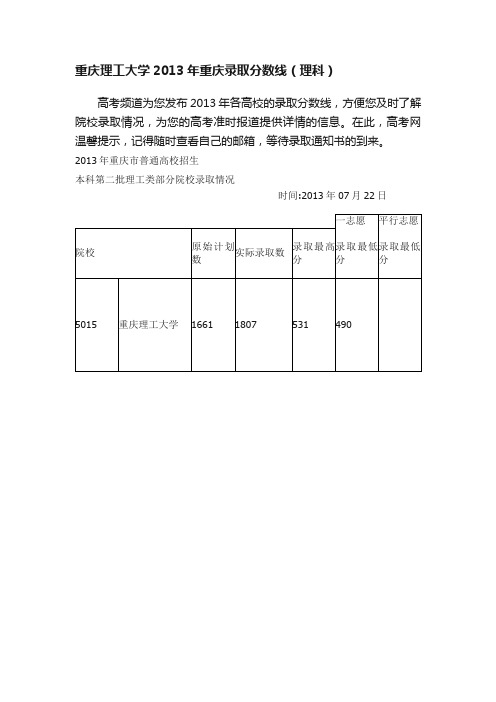 重庆理工大学2013年重庆录取分数线（理科）