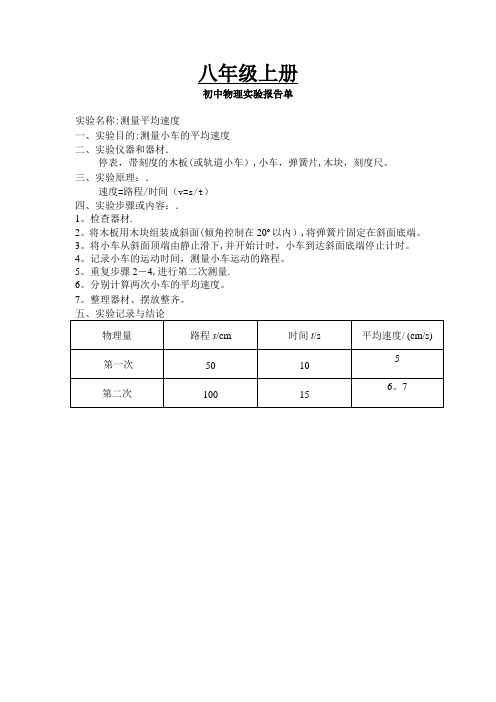 人教版初中物理实验报告单