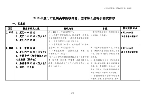 2018年厦门市直属高中招收体育、艺术特长生特长测试内容