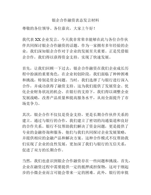 银企合作融资表态发言材料