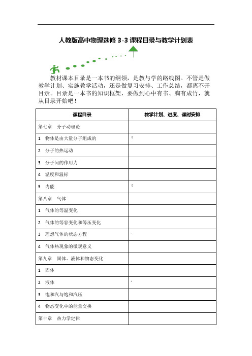 人教版高中物理选修3-3课程目录与教学计划表