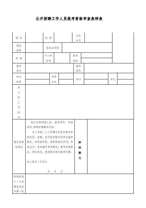 公开招聘工作人员报考资格审查表样表