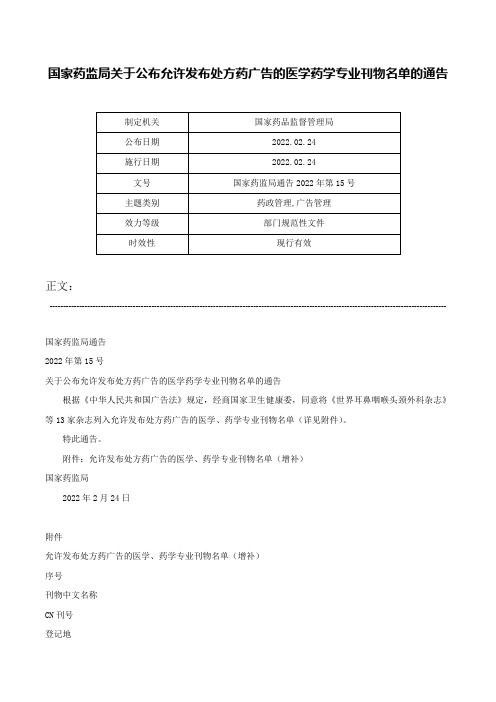 国家药监局关于公布允许发布处方药广告的医学药学专业刊物名单的通告-国家药监局通告2022年第15号