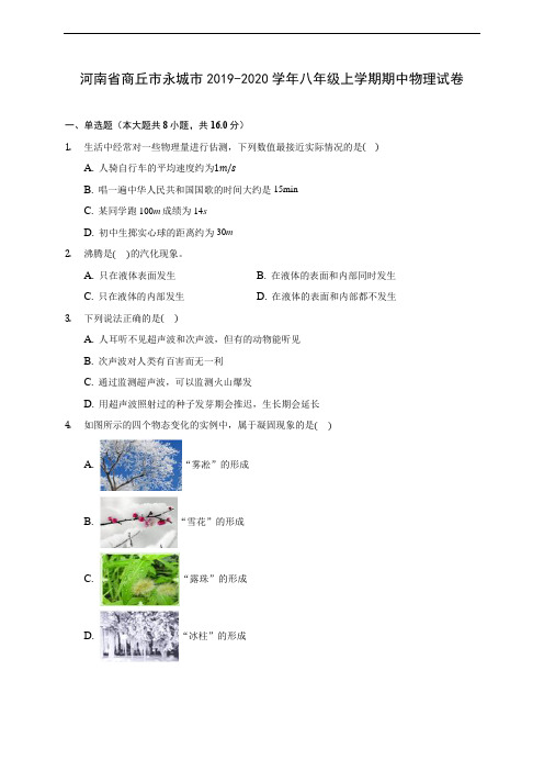 河南省商丘市永城市2019-2020学年八年级上学期期中物理试卷 