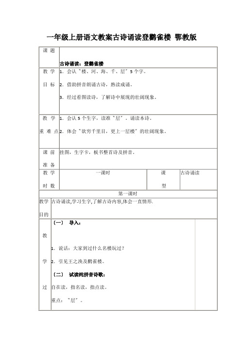 一年级上册语文教案古诗诵读登鹳雀楼 鄂教版