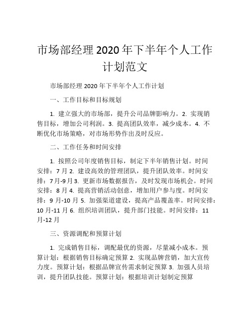 市场部经理2020年下半年个人工作计划范文