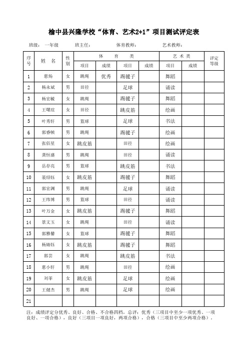 兴隆“体育、艺术2+1项目”测试评定表