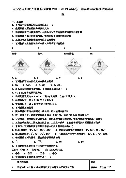 辽宁省辽阳太子河区五校联考2018-2019学年高一化学期末学业水平测试试题