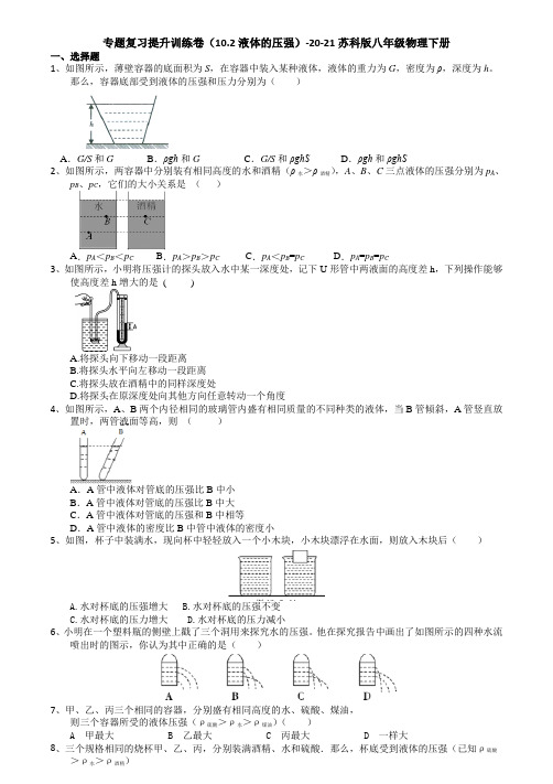 专题复习提升训练卷(10.2液体的压强)—2020-2021学年苏科版八年级物理下册 (解析)