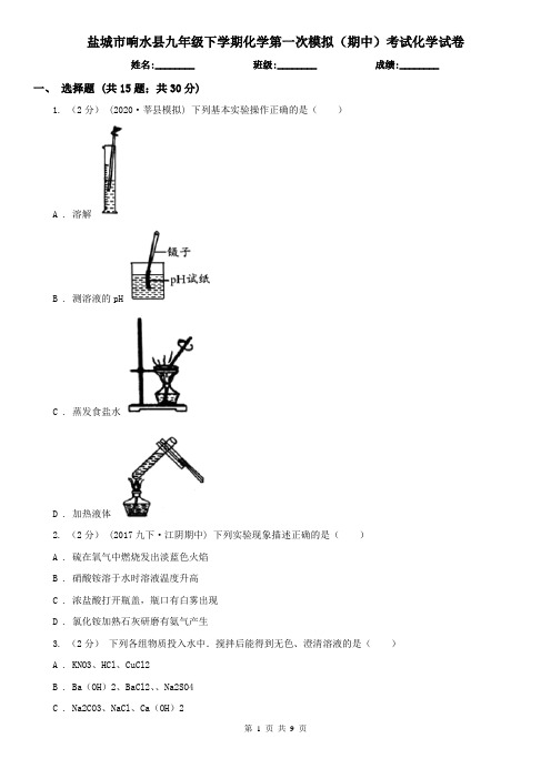 盐城市响水县九年级下学期化学第一次模拟(期中)考试化学试卷