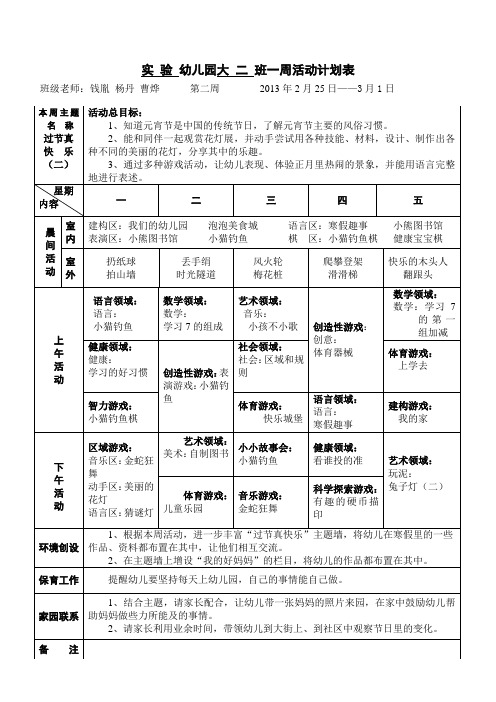 幼儿园大二班一周活动计划表