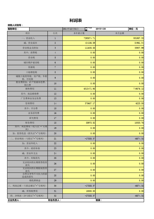 利润表12月模板