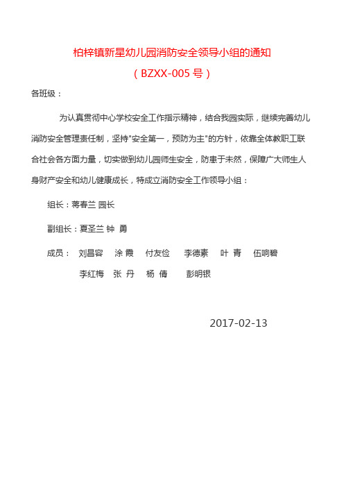 柏梓镇新星幼儿园2017消防安全领导小组的通知