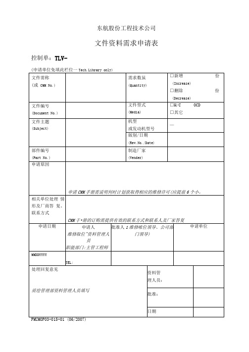 文件资料需求申请表