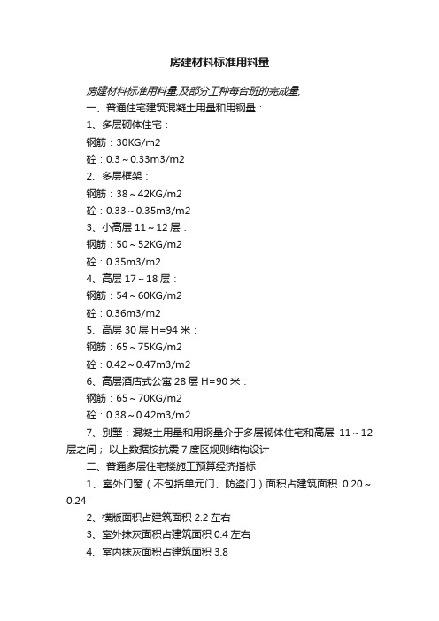 房建材料标准用料量