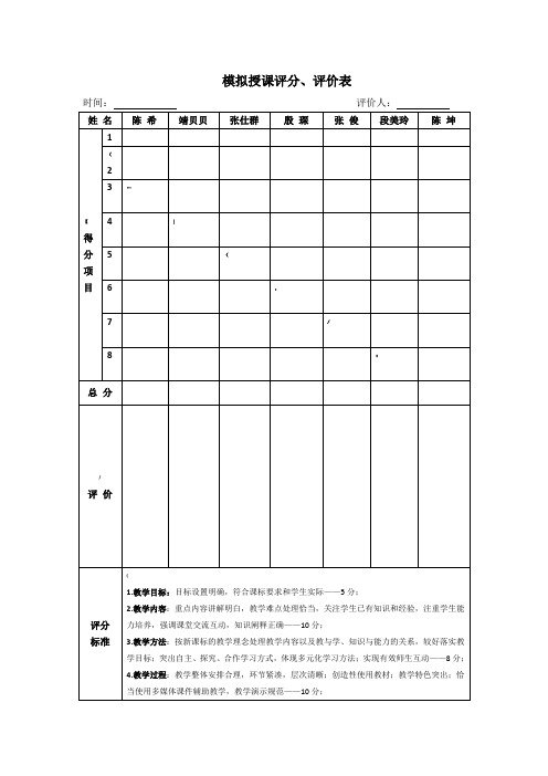 模拟授课评分、评价表