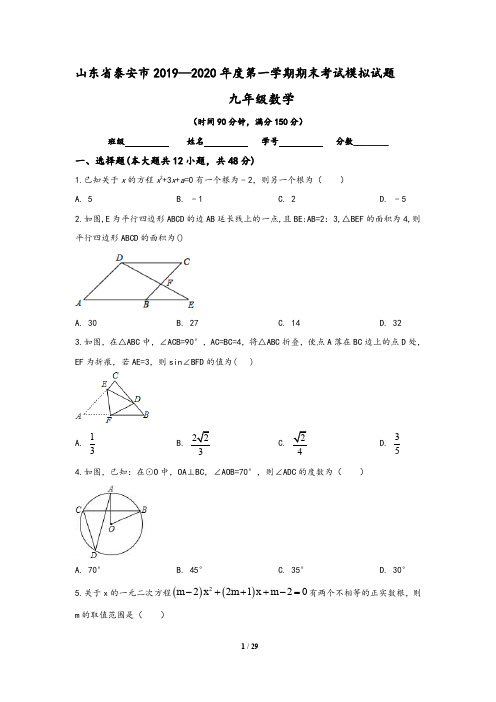 山东省泰安市2019-2020学年九年级(上)期末数学模拟试卷(含答案)