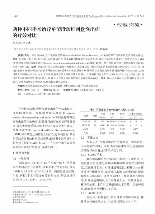 两种不同手术治疗单节段颈椎间盘突出症的疗效对比