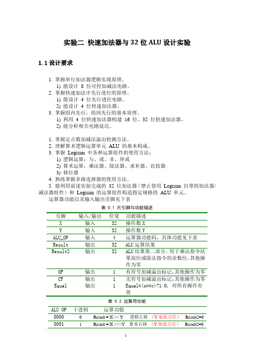 快速加法器与32位ALU设计