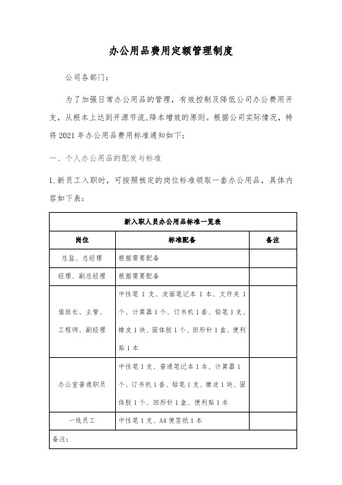 公司办公用品费用定额管理制度