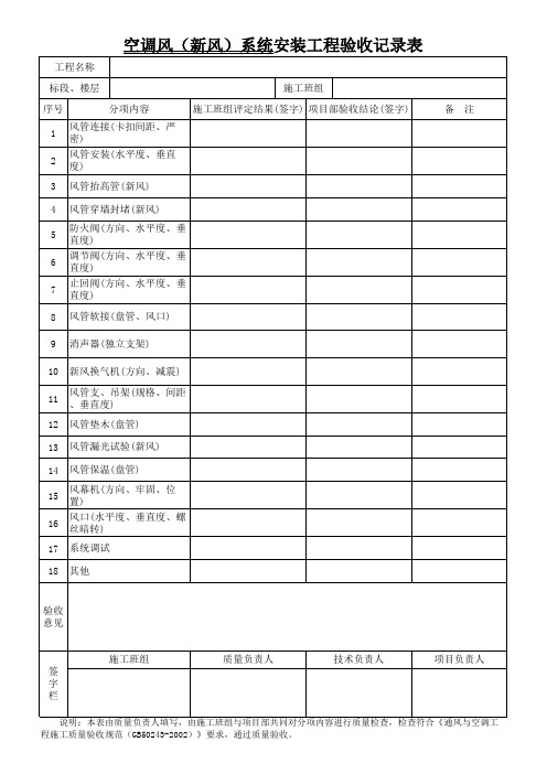 空调风(新风)系统安装工程验收记录表