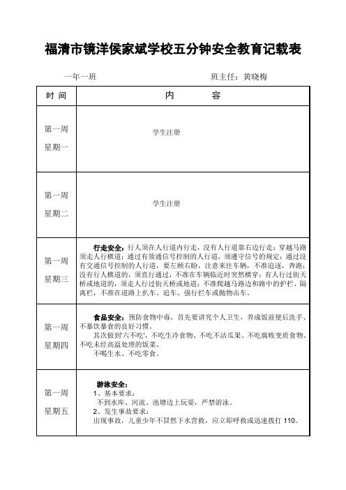 学校五分钟安全教育记载表