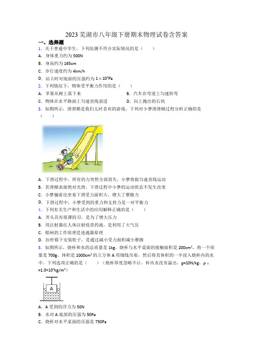 2023芜湖市八年级下册期末物理试卷含答案