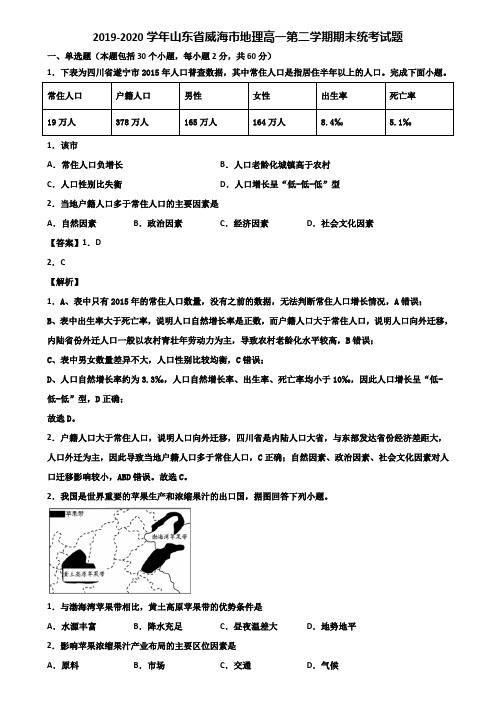 2019-2020学年山东省威海市地理高一第二学期期末统考试题含解析