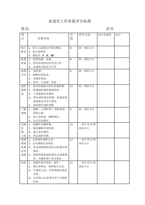 血透室工作质量评分标准