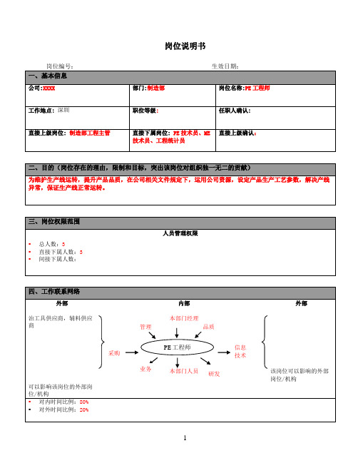 PE工程师岗位说明书