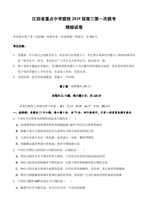 江西省重点中学盟校2019届高三第一次联考理科综合试卷(带答案)