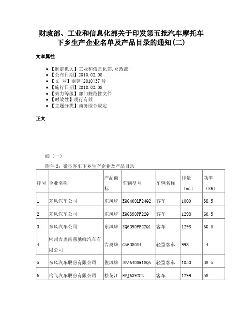 财政部、工业和信息化部关于印发第五批汽车摩托车下乡生产企业名单及产品目录的通知(二)