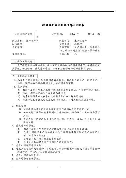 医药行业_生产综合部部长岗位说明书