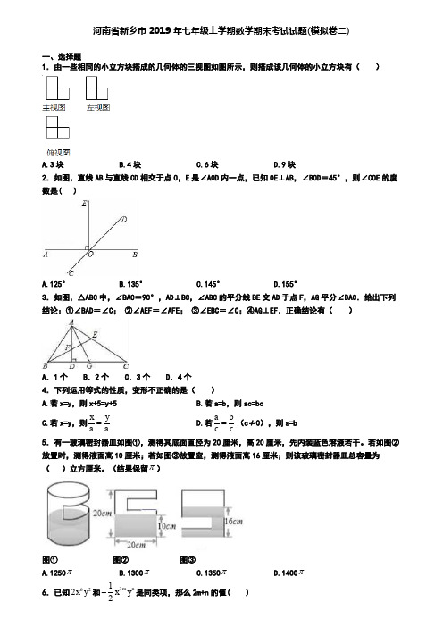 河南省新乡市2019年七年级上学期数学期末考试试题(模拟卷二)