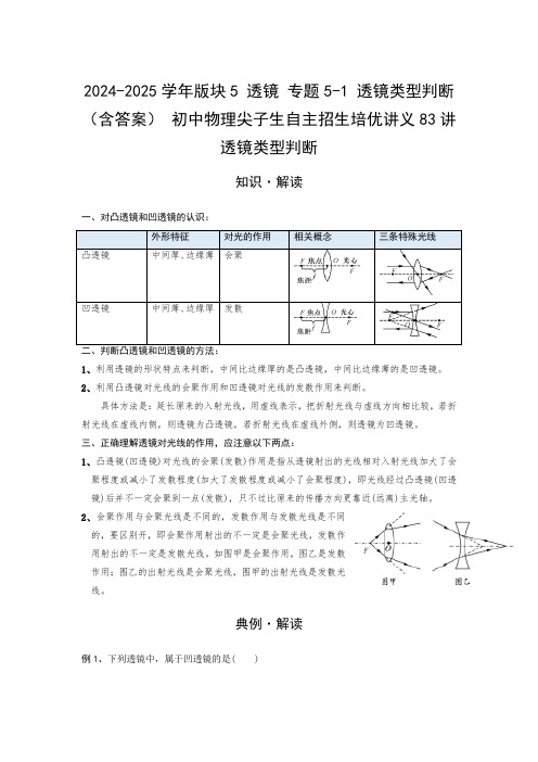 2024-2025学年版块5 透镜 专题5-1 透镜类型判断  (含答案) 初中物理义83讲